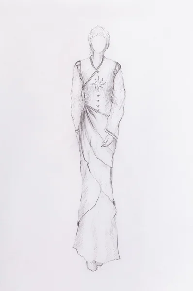 Schets van mystieke vrouw in mooie sier jurk geïnspireerd door middelbare leeftijd ontwerp. — Stockfoto