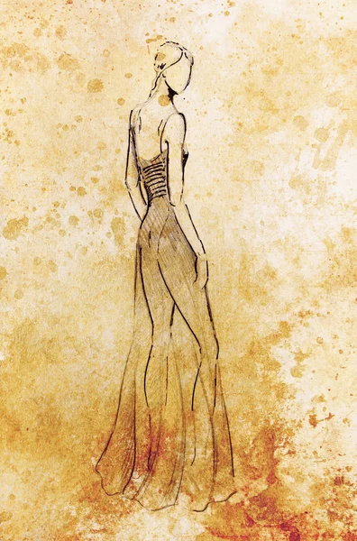 Wanita figur berdiri, sketsa pensil di atas kertas. Latar belakang warna air . — Stok Foto