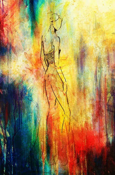 Standing figure woman, pencil sketch on paper. Watercolor background. — Stock Photo, Image