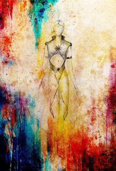 Sketch of mystical woman  in beautiful ornamental dress. — Stock Photo, Image
