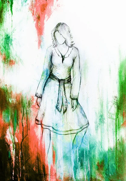 Femme figure debout, croquis au crayon sur papier. Aquarelle fond . — Photo