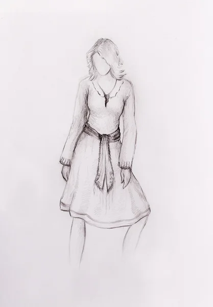 Stående figur kvinna, blyertsskiss på papper. — Stockfoto