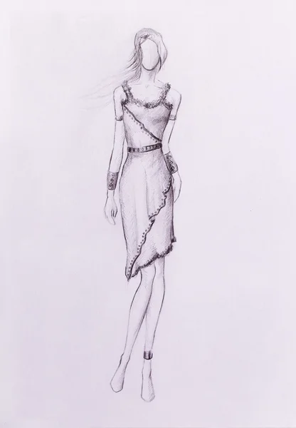 Figurine femme debout, croquis au crayon sur papier . — Photo