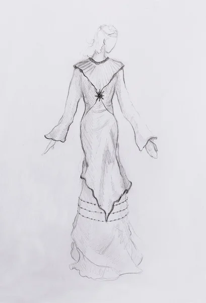 Orta yaş tasarımından esinlenerek güzel bir elbise giymiş mistik bir kadın eskizi.. — Stok fotoğraf