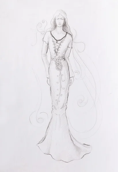 Náčrt mystické ženy v krásné okrasné šaty. — Stock fotografie