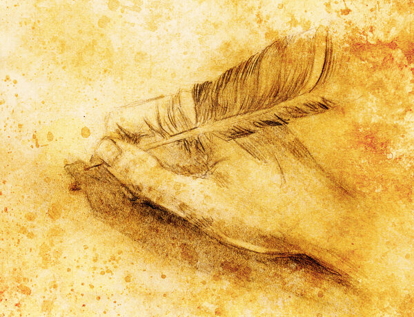 hand hold a feather quill pen on the letter and envelope, pencil sketch on paper, sepia and vintage effect.