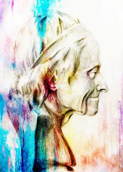 Hand drawn head, Illustration half face. Gypsum bust drawn in pencil. Profile portrait. — Stock Photo, Image