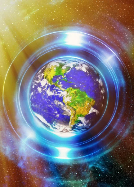 Planet Earth in light circle, Cosmic Space background. Computer collage. Earth concept. Planet earth in light rays. Elements of this image furnished by NASA. — Stock Photo, Image