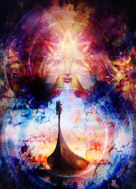 Tanrıça Kadın ve ahşap ejderha ile tekne ve oryantal süs mandala ve noktalar ile renk soyut arka plan.