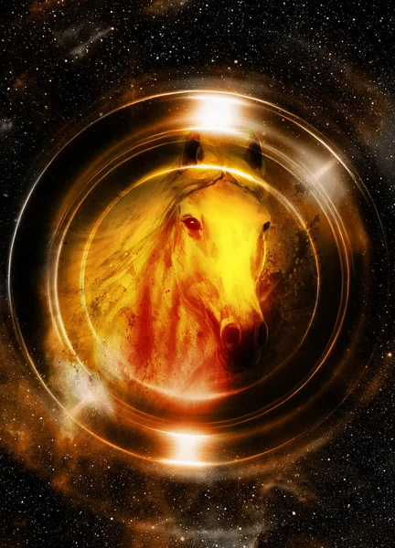 Άλογο στο διάστημα, σε κύκλο φωτός. Καθρέφτη στον πλανήτη γη. Έννοια των ζώων και φως χρυσό χρώμα, σέπια. — Φωτογραφία Αρχείου