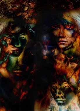 Woman collage, color abstract background with spots. Painting collage.