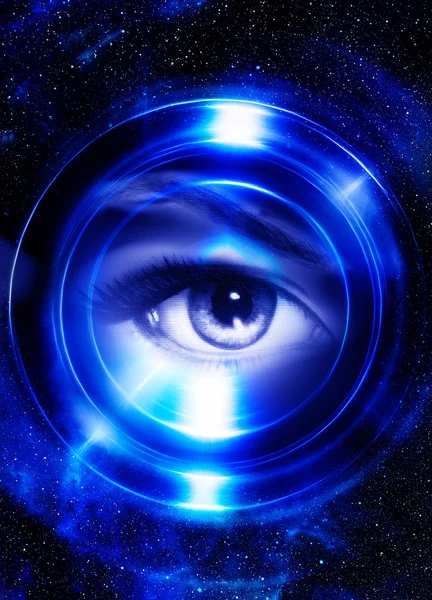 Woman eye and cosmic space, with light circle. blue color. — Stock Photo, Image