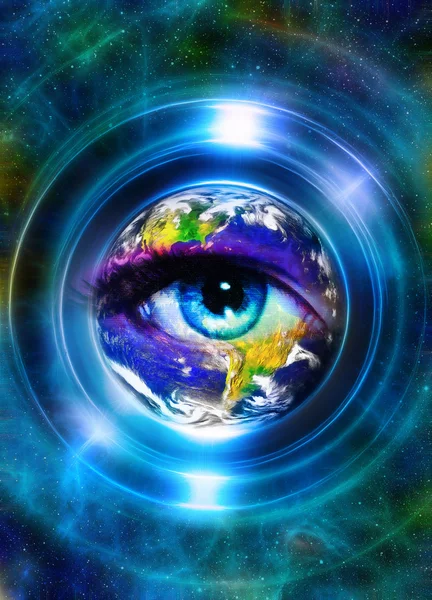 地球光円と女性の目、宇宙空間の背景。コンピューターのコラージュ。地球の概念。光線で地球。Nasa から提供されたこのイメージの要素. — ストック写真