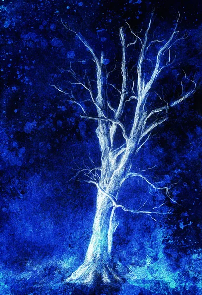 Måla träd i natten landskap och abstrakta grunge bakgrund med fläckar, original hand Rita och dator collage. — Stockfoto