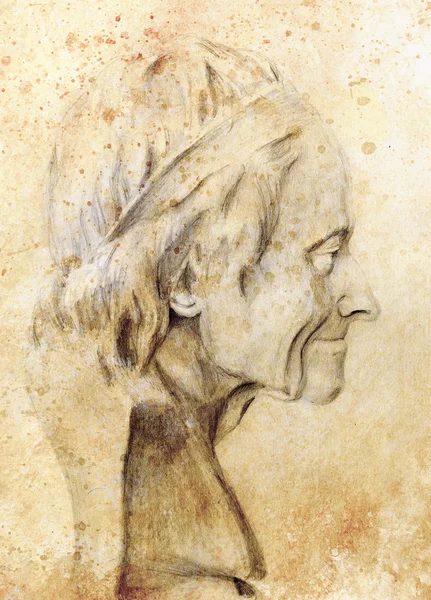 Tangan digambar kepala, Ilustrasi setengah wajah. Gypsum bust digambar dengan pensil. Potret profil . — Stok Foto