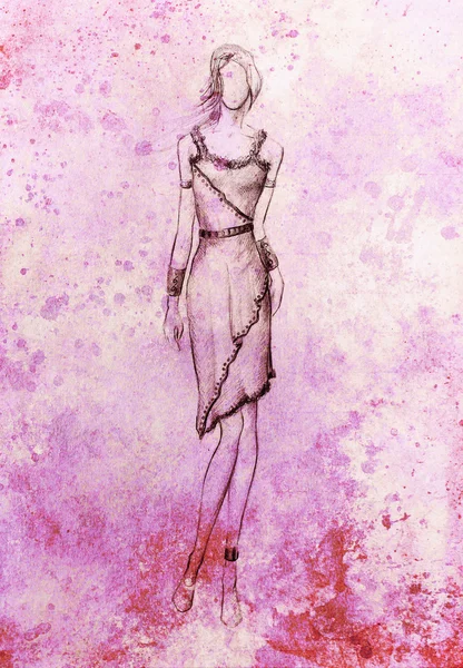 Sketsa wanita mistis dengan gaun ornamental yang indah . — Stok Foto