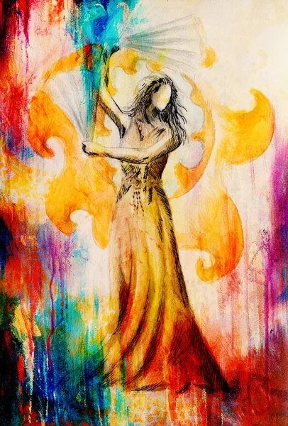 Kroki oryantal dansçı ve el fan. Ve güzel süs arka plan.