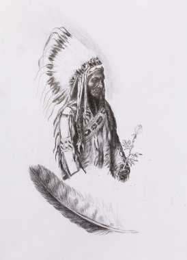 Gül çiçek tutan Kızılderili Hint foreman oturan boğa - Totanka güzel tüy headdress, tarihi fotoğrafla göre Yotanka çizim.