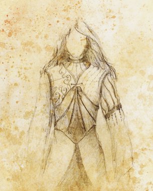 Orta yaş tasarımından esinlenerek güzel bir elbise giymiş mistik bir kadın eskizi..