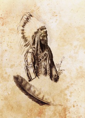 Gül çiçek tutan Kızılderili Hint foreman oturan boğa - Totanka güzel tüy headdress, tarihi fotoğrafla göre Yotanka çizim.