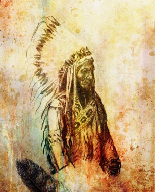 Kızılderili Hint foreman oturan boğa - Totanka tarihi fotoğrafla güzel tüy headdress göre Yotanka çizim.