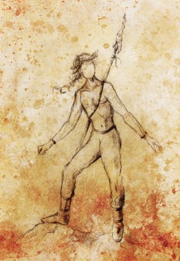 Genç Kızılderili Kızılderili savaşçı mızrak silah, şekil çizim ile.