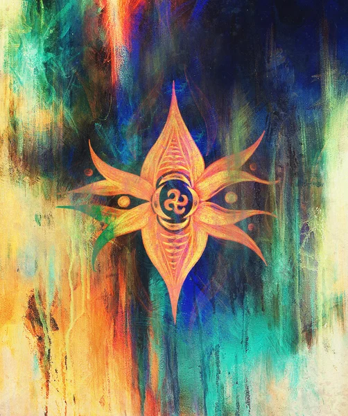 Mandala-Blume mit Solarsymbol auf buntem abstrakten Hintergrund. — Stockfoto