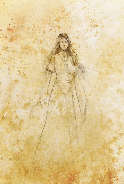 Dibujo de mujer ángel místico en hermoso vestido histórico . — Foto de Stock