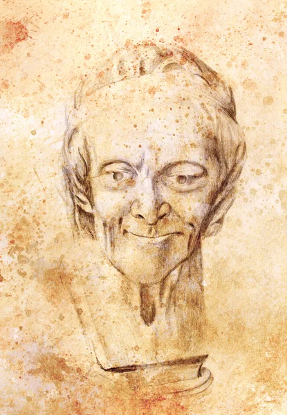 Zeichnung der Skulptur des Philosophen Voltaire auf abstraktem Hintergrund. — Stockfoto