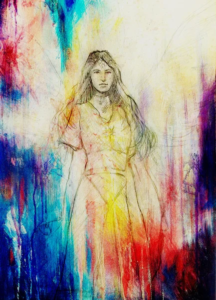Drawing of mystical angel woman in beautiful historic dress. — Stock Photo, Image