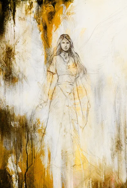 Zeichnung einer mystischen Engelsfrau in wunderschönem historischen Kleid. — Stockfoto