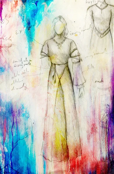 Schiță de femeie mistică în rochie ornamentală frumoasă inspirată de designul de vârstă mijlocie . — Fotografie, imagine de stoc