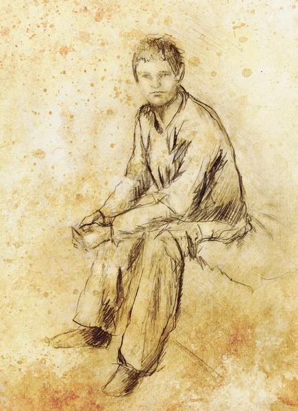 Sitzender junger Mann Zeichnung, Blickkontakt, Papierhintergrund. — Stockfoto