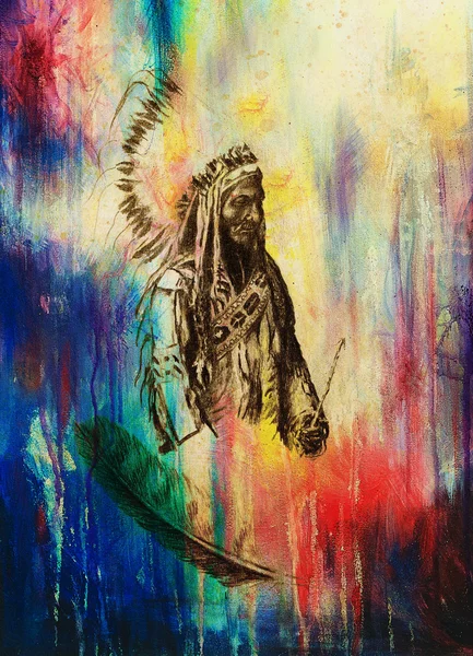 Рисунок индейского мастера Сидящего Быка - Тотанка Йотанка по исторической фотографии, с красивым головным убором из перьев, держа стрелу . — стоковое фото