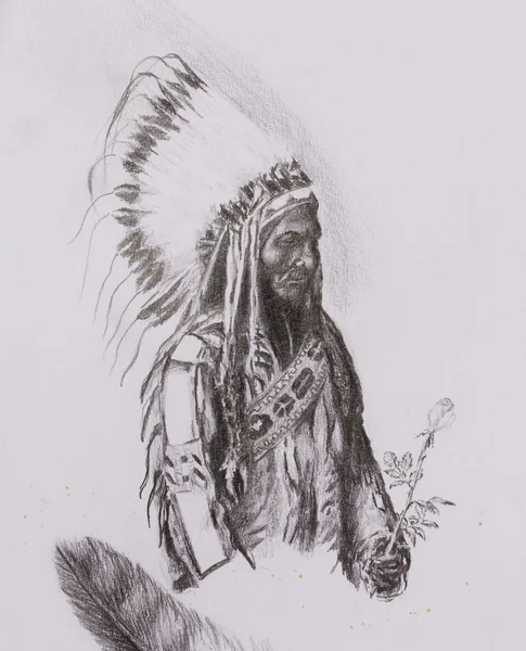 Drawing of native american indian foreman Sitting Bull - Totanka Yotanka according historic photography, with beautiful feather headdress, holding rose flower. — Stock Photo, Image