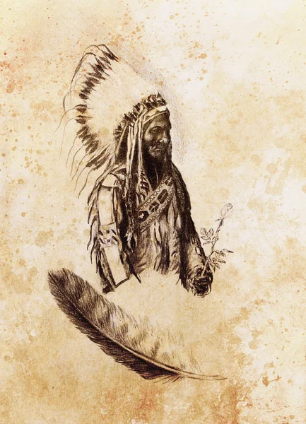 Dibujo del capataz indígena nativo americano Sitting Bull - Totanka Yotanka según fotografía histórica, con hermoso tocado de plumas, sosteniendo flor de rosa . —  Fotos de Stock