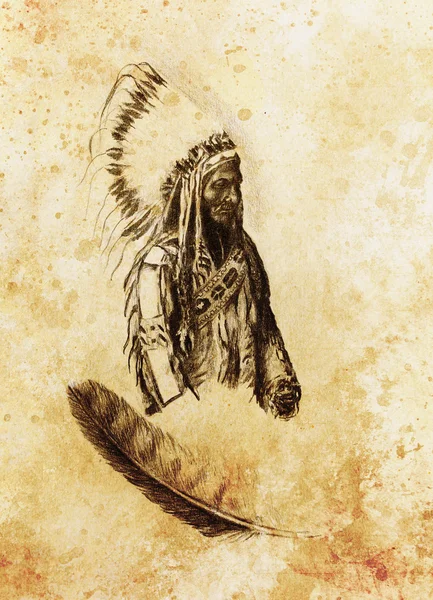 Dibujo del capataz indígena nativo americano Sitting Bull - Totanka Yotanka según fotografía histórica, con hermoso tocado de plumas . —  Fotos de Stock