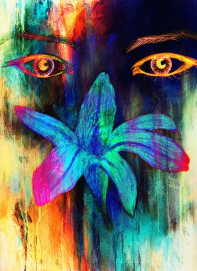 çiçek, renk karakalem, göz teması ile kadın gözleri. Bilgisayar kolaj.