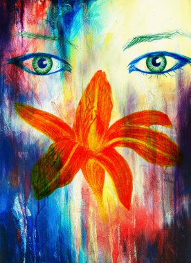 çiçek, renk karakalem, göz teması ile kadın gözleri. Bilgisayar kolaj.