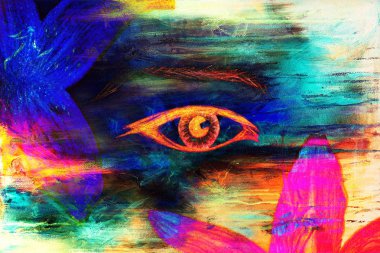çiçek, renk karakalem, göz teması ile kadın gözleri. Bilgisayar kolaj.