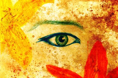 çiçek, renk karakalem, göz teması ile kadın gözleri.