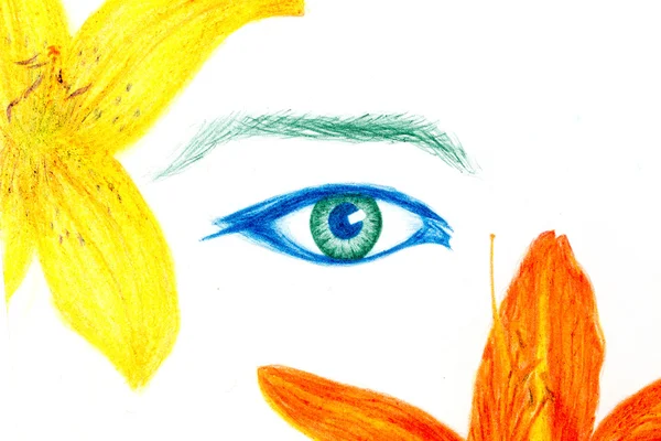 Ochi de femeie cu flori, creion de culoare desen, contact vizual . — Fotografie, imagine de stoc
