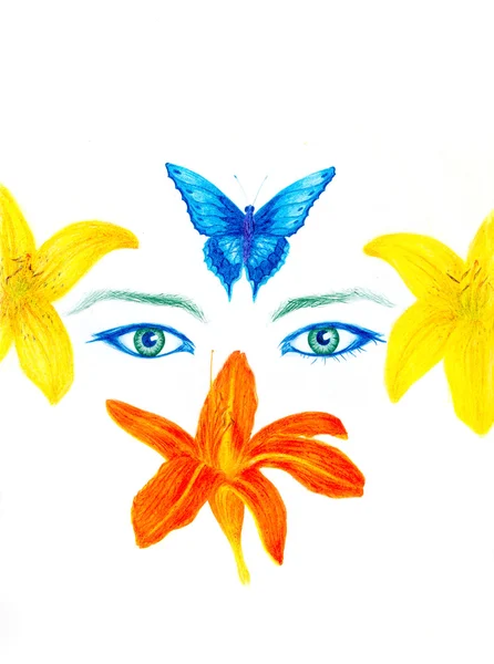 Ojos de mujer con flor y mariposa, dibujo a lápiz de color, contacto visual . — Foto de Stock