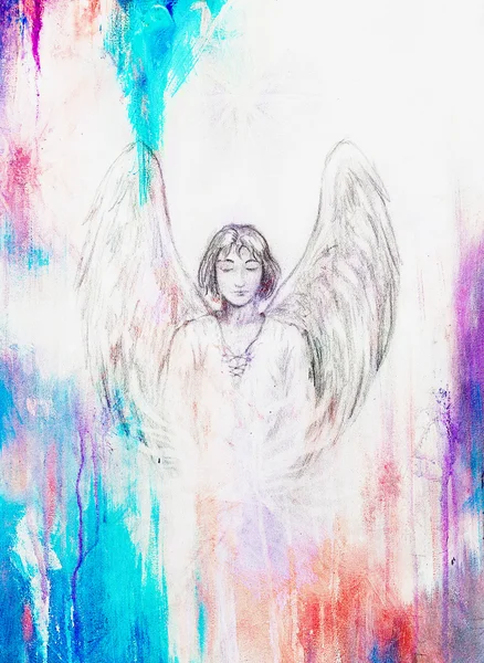 Drawing of angel with beautiful wings on a paper. — Stock Photo, Image