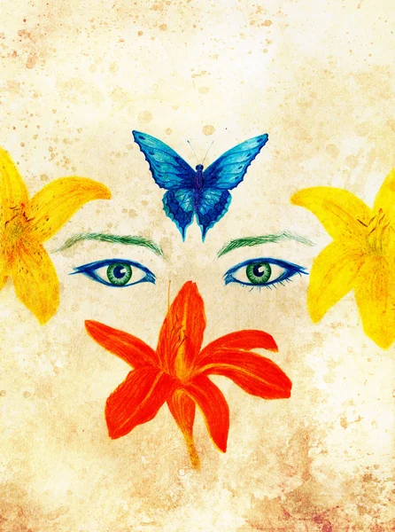 Woman eyes with flower and butterfly, color pencil drawing, eye contact. — Stock Photo, Image