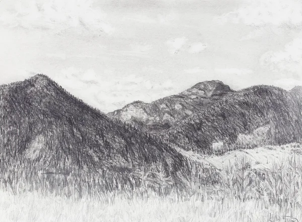 Peinture de paysage et montagne sur fond vieux papier . — Photo