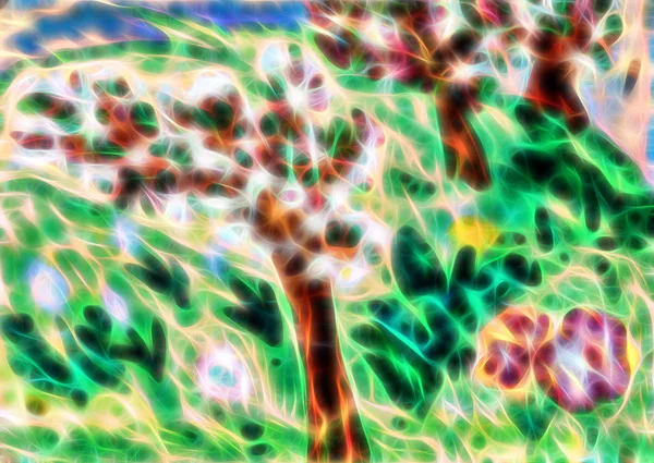 Kinderzeichnung des blühenden Apfelbaumgartens. — Stockfoto