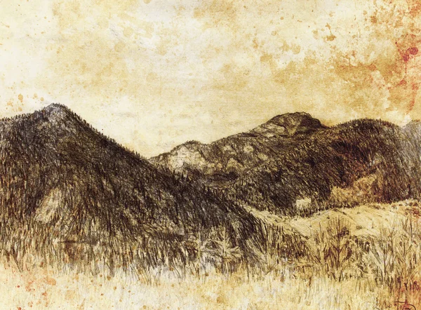 Landscape painting and mountain  on old paper background. — Stock Photo, Image