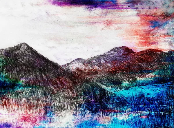 Pintura de paisagem em papel velho e cor abstrato fundo . — Fotografia de Stock