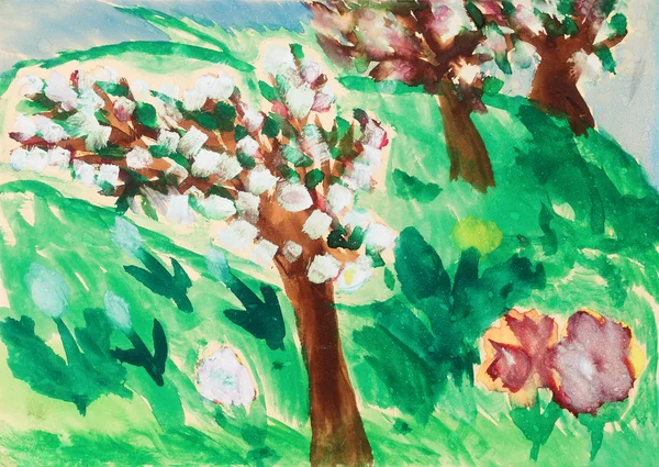 Dibujo infantil del jardín del manzano en flor . — Foto de Stock